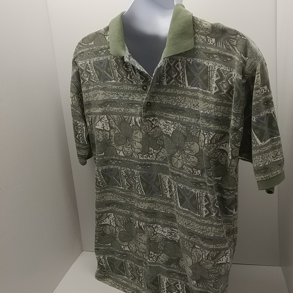 Bugle Boy Co. men's vintage short sleeve polo shirt large greens/cream floral - Picture 3 of 12